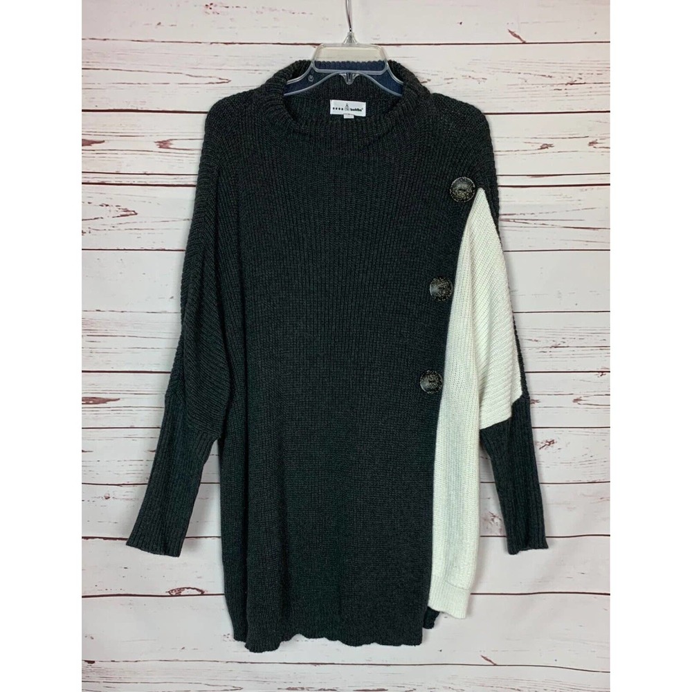 Neon Buddha Women's L Large Charcoal White Chunky Cotton Knit Oversized Sweater